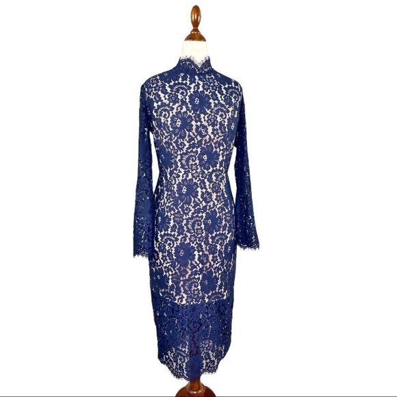 KEEPSAKE the Label Navy Blue Momento Lace Dress Mock Neck Backless Medium - Picture 6 of 15